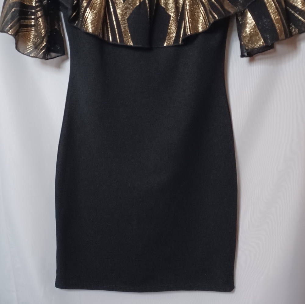 Freesia Women's Black and Gold Ruffle Elastic Neck Bodycon Mini Dress. Size M - Picture 4 of 8